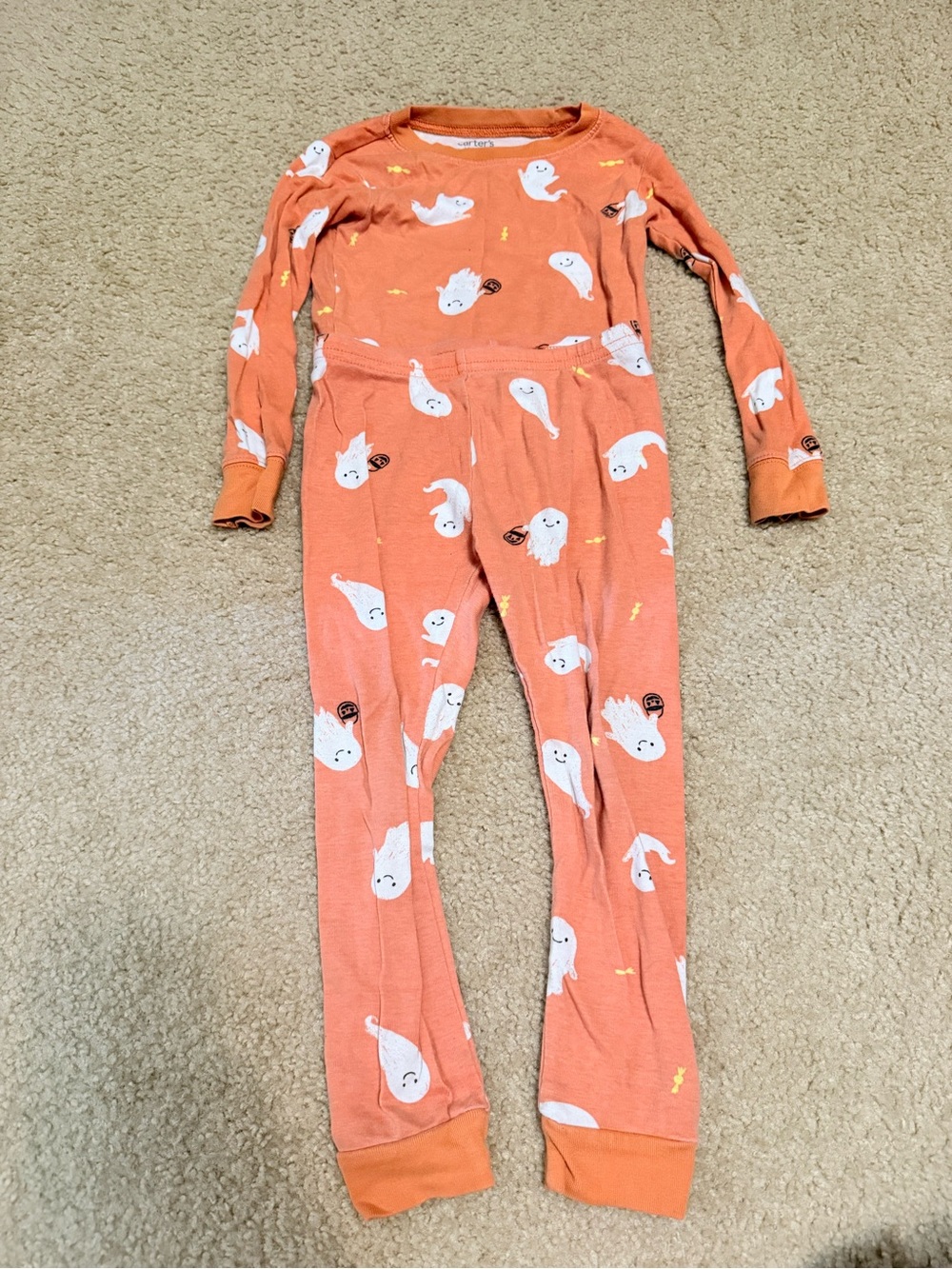 Kids Orange Ghost Print Pajamas Long Sleeve & Bottoms